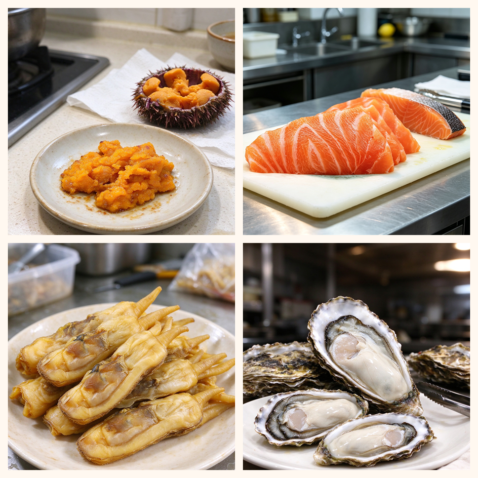 Double Dinner - sea urchin, salmon, razor clams and oysters